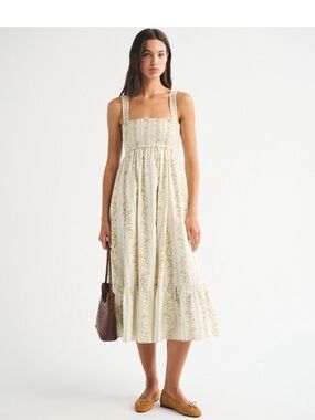 A&F Sydney Smocked Convertible Midi Dress Yellow Floral Stripe